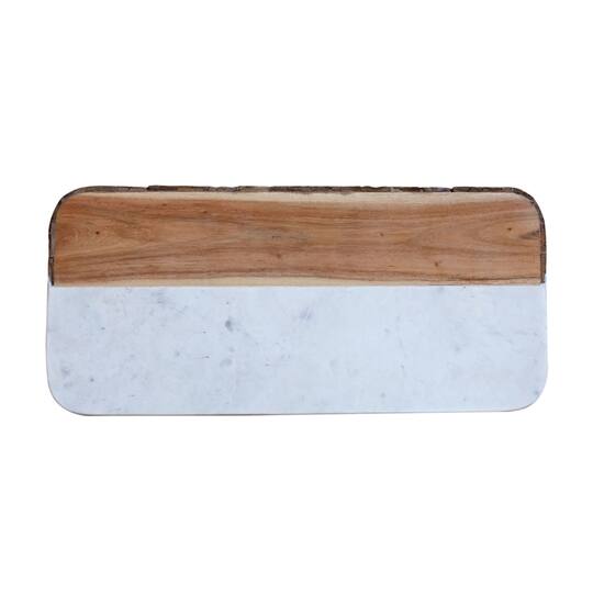 15.5" White Marble & Mango Wood Rectangle Cheese Board